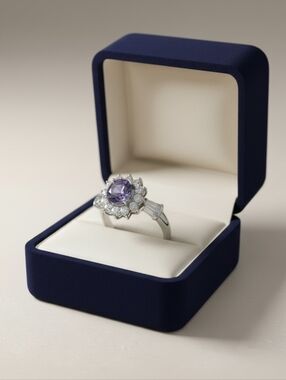 Purple Halo Sapphire Ring in Silver toned Setting